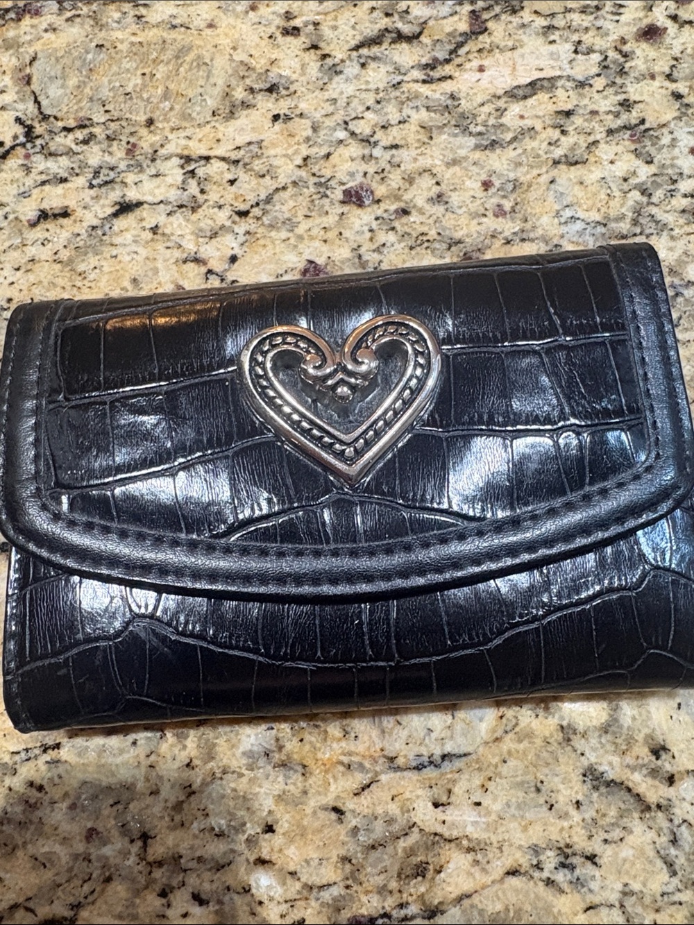Private Label Black Croc-Embossed Wallet with Silver Heart Accent